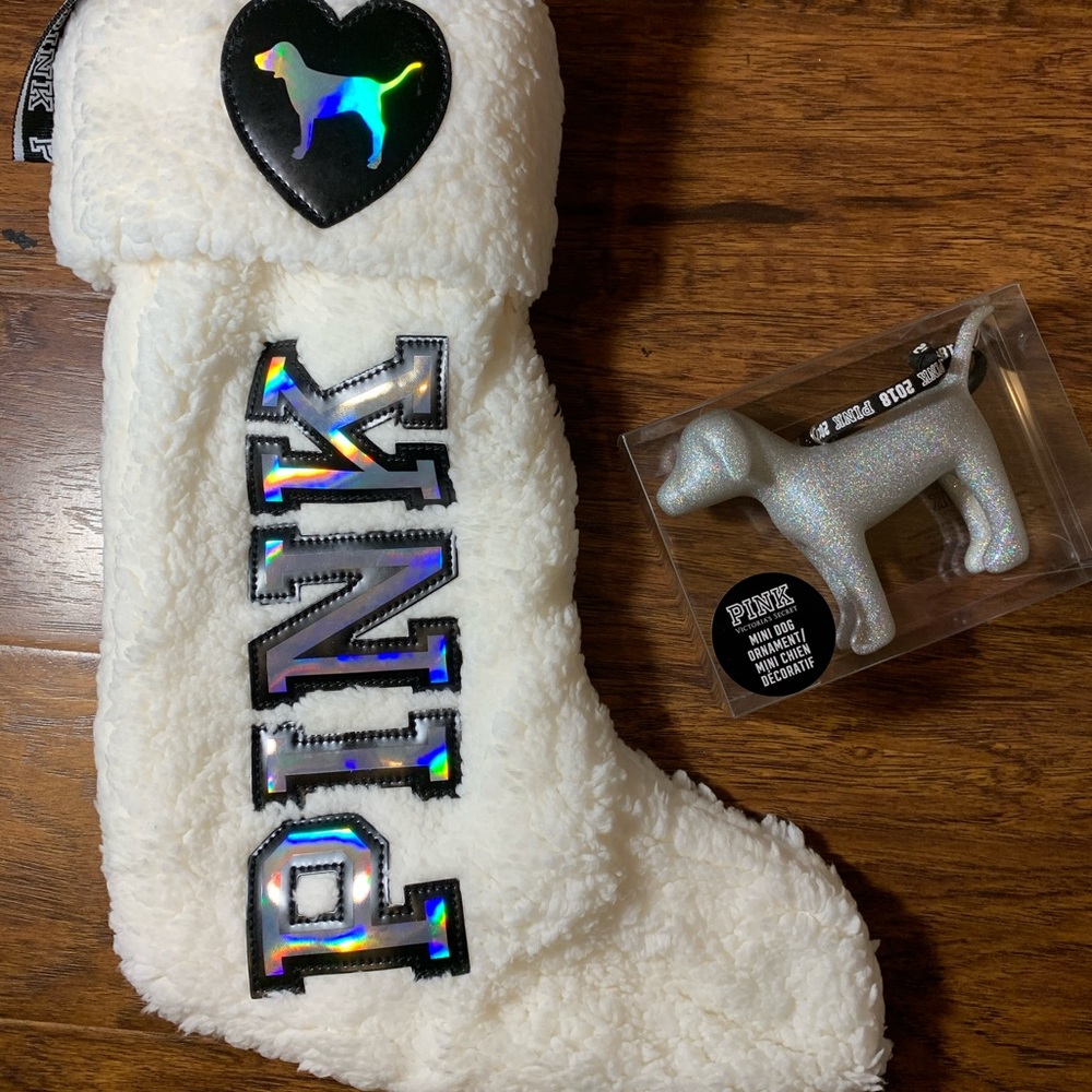 VS Pink Sherpa Christmas Stocking and ornament